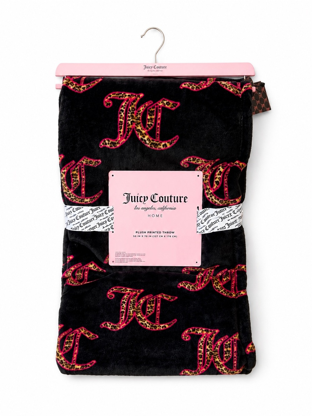 Juicy Couture Plush Throw Blanket Black Pink Leopard Monogram 50x70 Soft Cozy